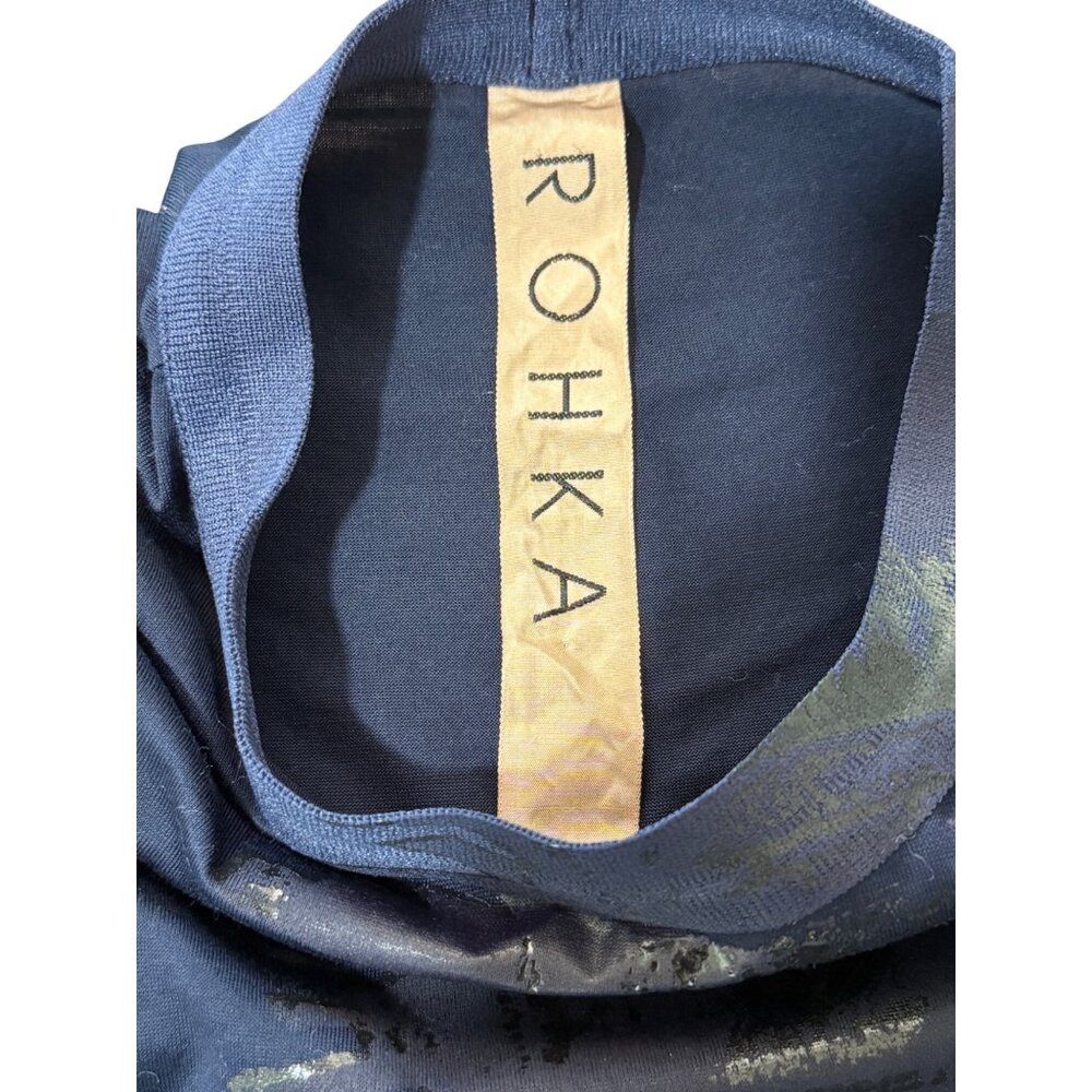 Rohka Womens Size S Short Sleeve Top Navy Blue T-Shirt Metallic Print Cotton - Picture 4 of 8